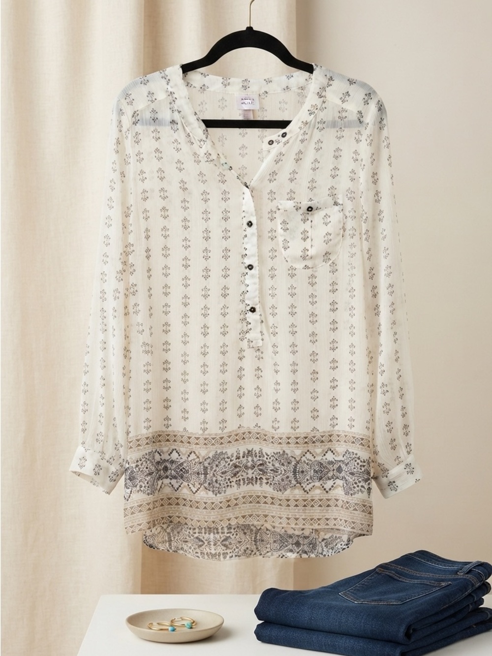Knox Rose Cream Printed Henley Blouse with Subtle Gray Motif